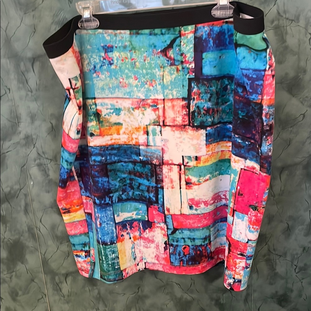 Karen Kane Asymmetrical Skirt with Abstract Blue and Pink Print
